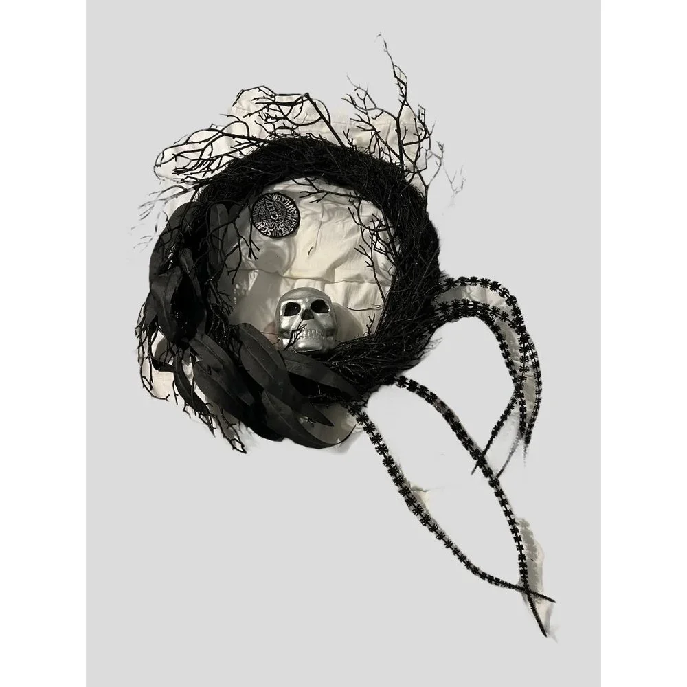 Halloween Black Grapevine Wreath Leaves Black Dangles Silver Skull 18